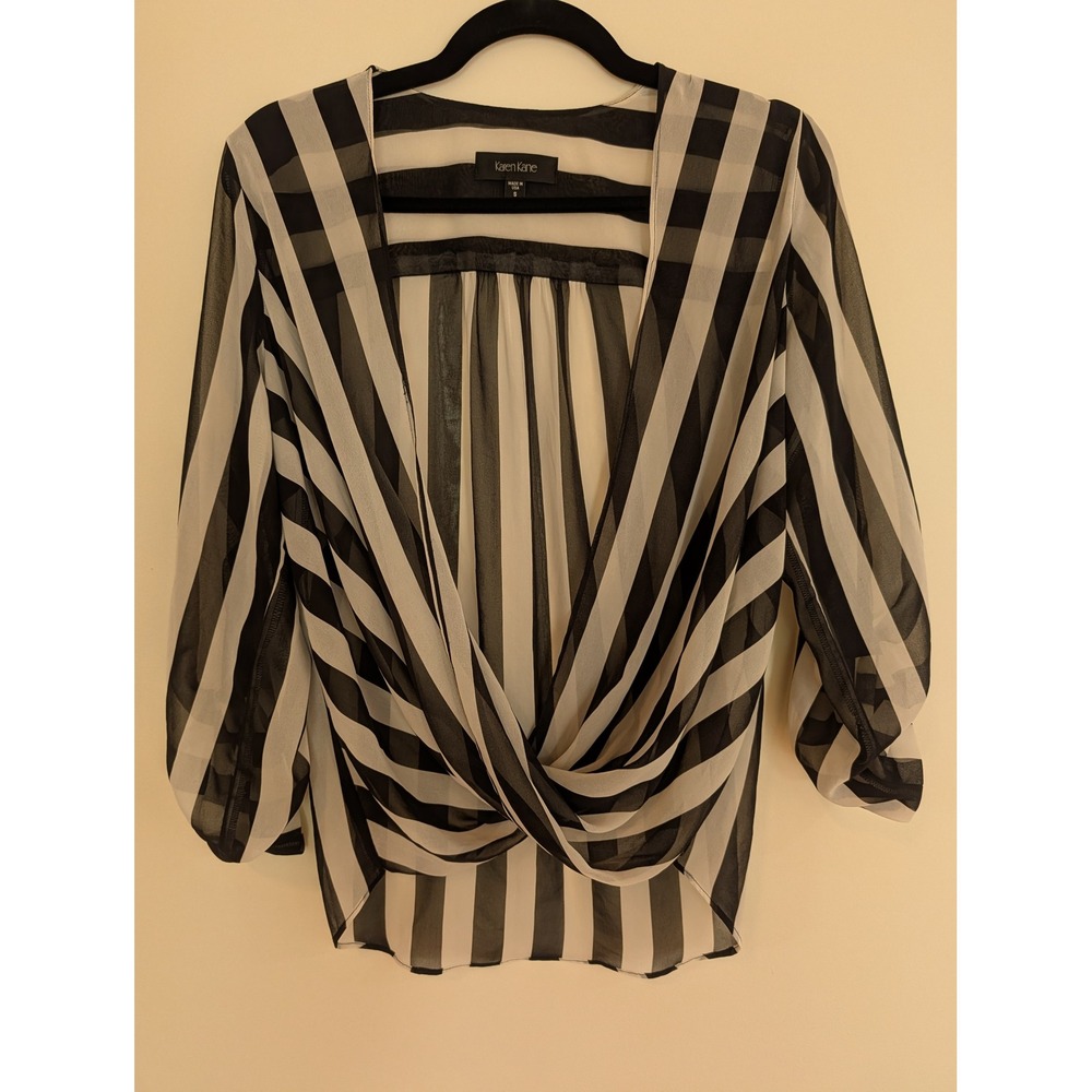 Karen‎ Kane Black White Striped Twist Front Sheer Blouse Roll Tab Sleeve Small